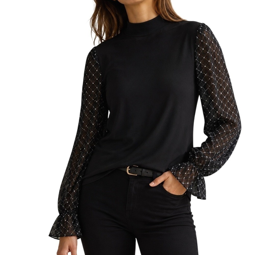 CeCe Womens Blouse Size M Black Mock Neck Sheer Dot Sleeve Ruffle Cuff Party Top